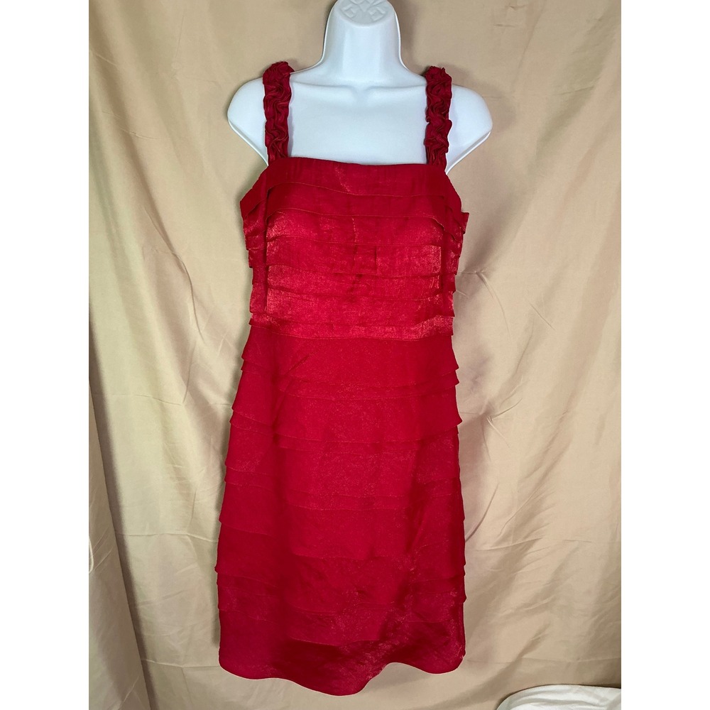 Sangria Tiered Ruffle Cocktail Dress Womens 8P Red Excellent Rosette Straps